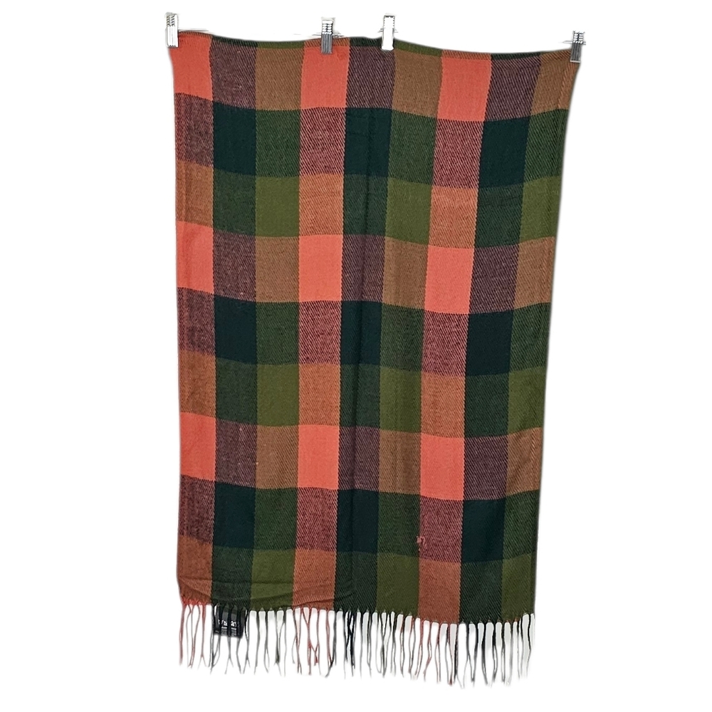 Gift Idea Soft Cozy Fringe Scarf Olive Green Peach Plaid w Resealable Dust Bag